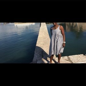 Navy blue and white scooped neck dress.